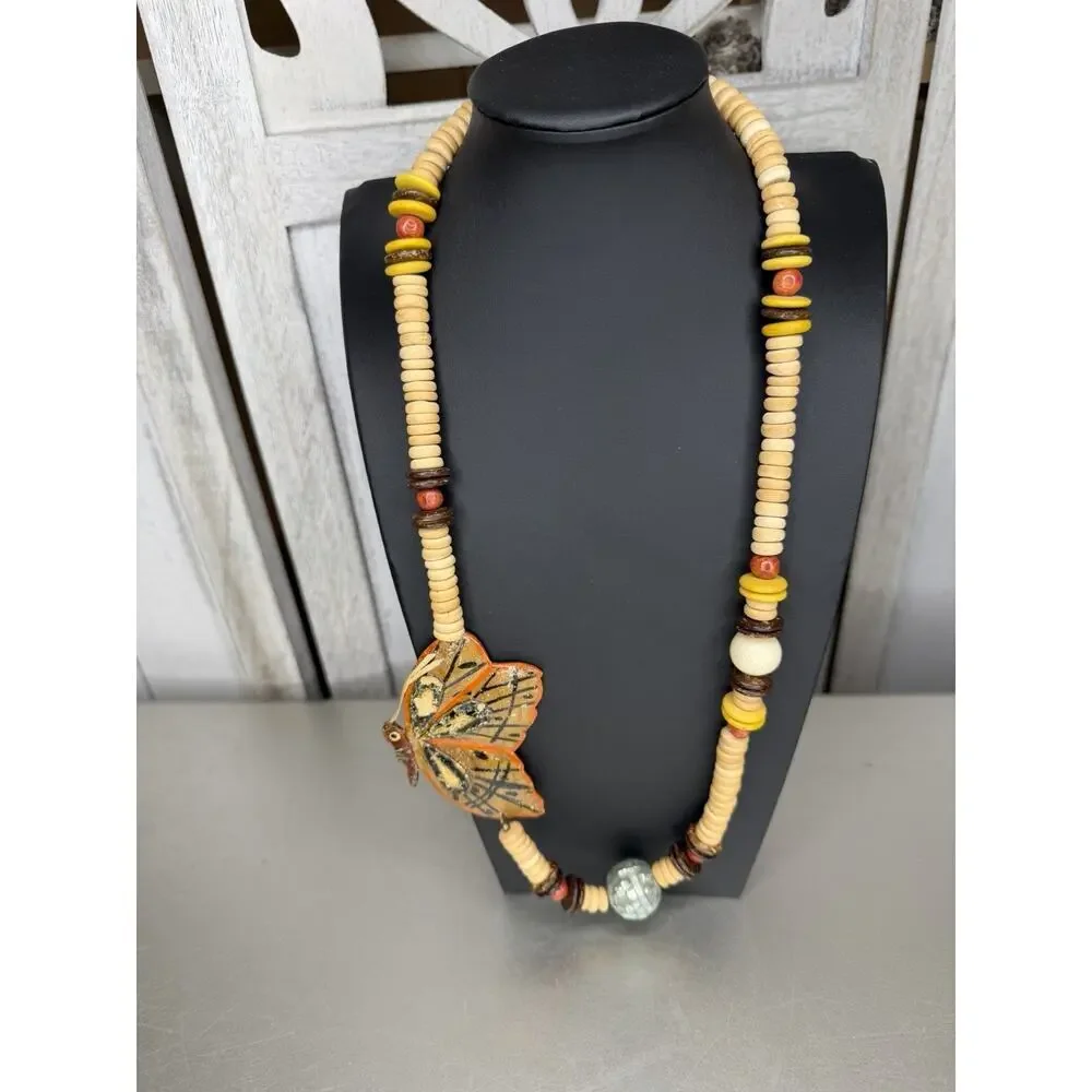 Vintage Chunky Wooden Hawaiian Style Beaded Butterfly Necklaces Mother Of Pearl